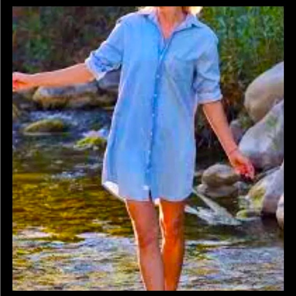Demin Beach Collar Button Up Roll Up Sleeves Long Dress Shirt - Picture 8 of 9
